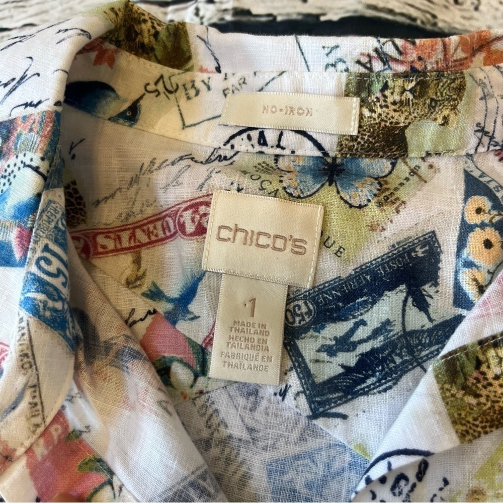 Chico's Linen Stamp Travel Printed 3/4 Sleeve Blouse Size 1(M) - Picture 3 of 9